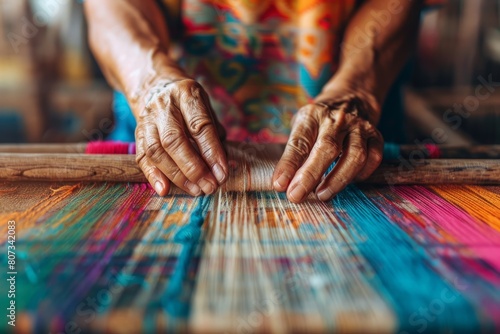 Skilled hands of a woman intricately weaving colorful threads on a wooden loom