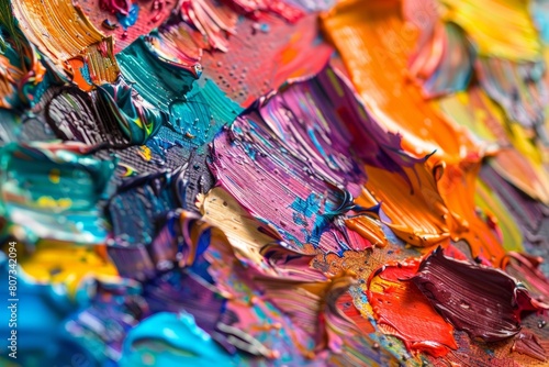 Close up of a palette knife covered in bright oil paints, blending colors on a canvas