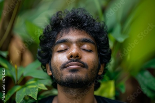 An Indian man with his eyes peacefully closed, meditating amidst aromatic plants in a lush green garden © Ilia Nesolenyi