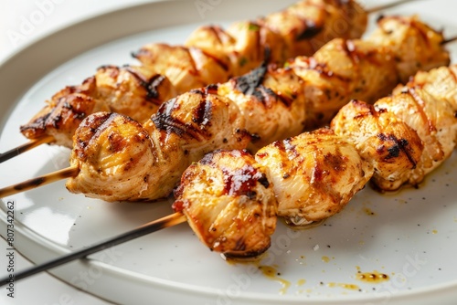 Freshly grilled chicken skewers arranged on a white plate, showcasing their golden-brown color and juiciness