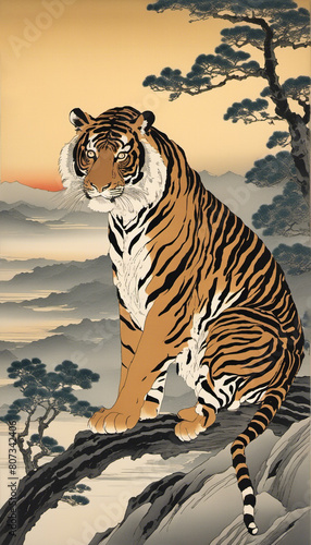 AI generated illustration of a majestic tiger perched on rocky terrain