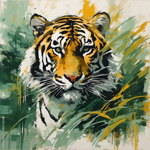 AI generated illustration of a tiger navigates a vibrant jungle  hidden amidst luxuriant foliage