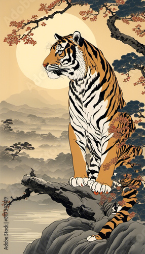 AI generated illustration of a majestic tiger perched on rocky terrain photo