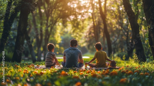 Three Children Sitting on a Blanket in a Park