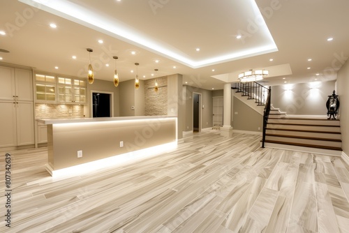 A modern basement renovation featuring a spacious room with a staircase and a white counter photo