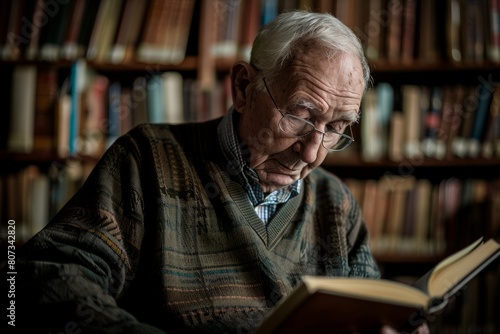 A senior man sitting in a library, absorbed in reading a book under soft lighting