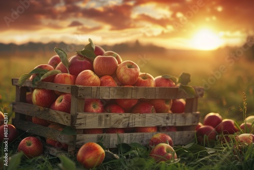 A medium photo of apples freshly harvested and piled in a wooden crate resting on a grassy field