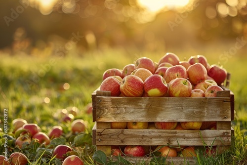 A wooden crate overflowing with freshly harvested red apples  set on a grassy field