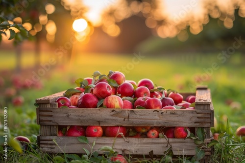 A wooden crate overflowing with freshly harvested red apples, set on a grassy field