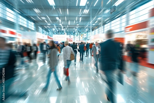 A medium photo of individuals walking briskly through a spacious trade fair hall, their motion captured in a blur