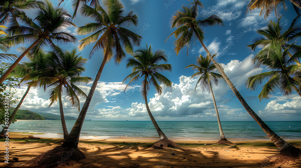 An idyllic image capturing the serene beauty of coconut trees swaying gently in the tropical breeze, against a backdrop of clear blue skies and shimmering turquoise waters