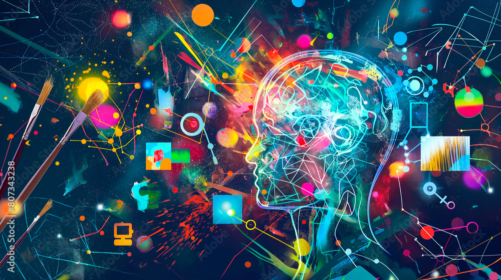 An artistic representation of AI and creativity, with elements like digital color palettes, brushes, circuitry, and the head of an artificial intelligence surrounded, Graphic Resources 