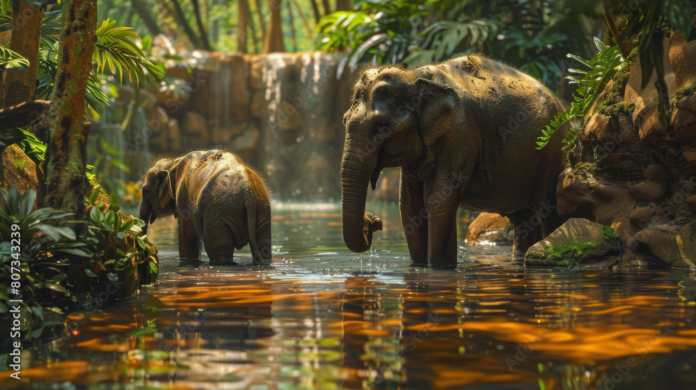 Fototapeta premium Mother Elephant and Baby Walking Through Water