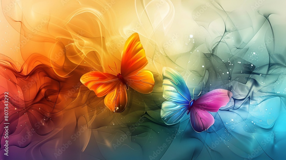 Two colorful butterflies are flying in the air above a colorful background