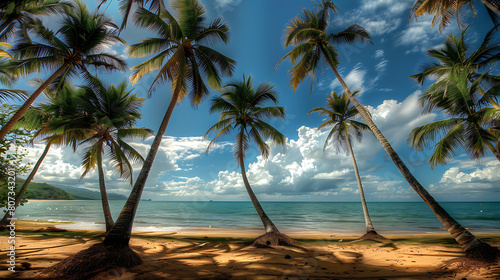 An idyllic image capturing the serene beauty of coconut trees swaying gently in the tropical breeze  against a backdrop of clear blue skies and shimmering turquoise waters