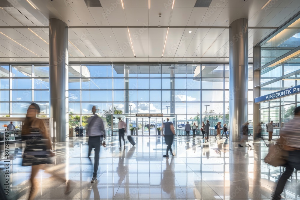 A group of people walking through a modern airport terminal with bright lighting and bustling activity