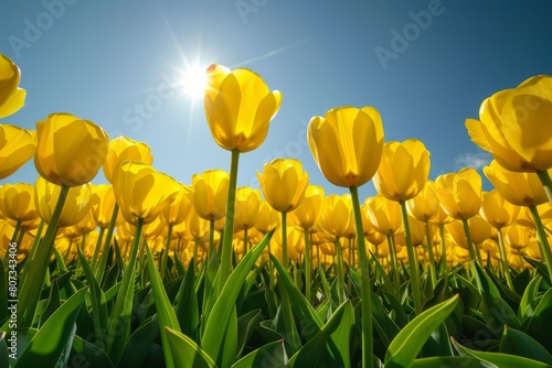 A wide-angle view of a vast field full of vibrant yellow tulips reaching towards the horizon under a bright blue sky