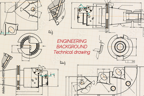 Mechanical engineering drawings on sepia background. Tap tools, borer. Technical Design. Cover. Blueprint. Vector illustration.