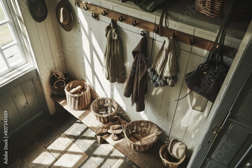 A rustic mudroom in a farmhouse with vintage coat hooks and wicker baskets mounted on the wall for storage and organization