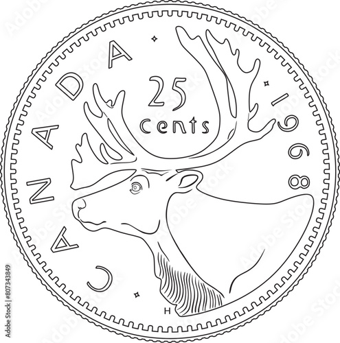 Canada 25 cents coin vector design line art handmade silhouette.