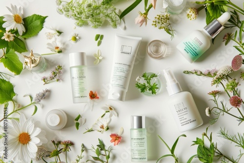 Various skincare products displayed on a white table with fresh flowers and greenery