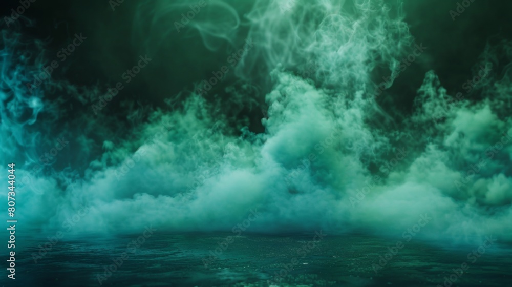 Ground green and blue fog background, 3d rendering. Smoke cloud scene neon light. Spooky dark magic haze. Panoramic view of the abstract fog.