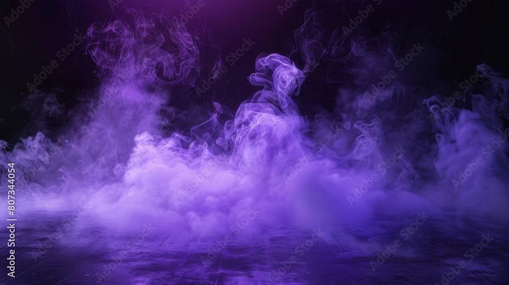 Ground purple fog background, 3d rendering. Smoke cloud scene neon light. Spooky dark magic haze. Panoramic view of the abstract fog.