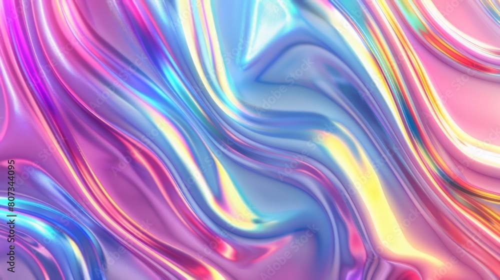 Obraz premium Abstract Holographic iridescent rainbom Y2K fluid background. Lliquid gradient waves surface futuristic texture.Mental health holo modern aesthetic. Trendy Brutalism