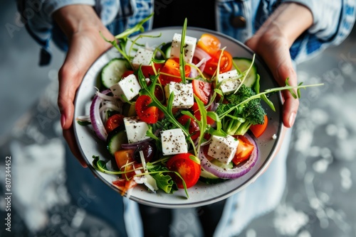 Traditional Greek Salad. Top view macro. Food Photography photo