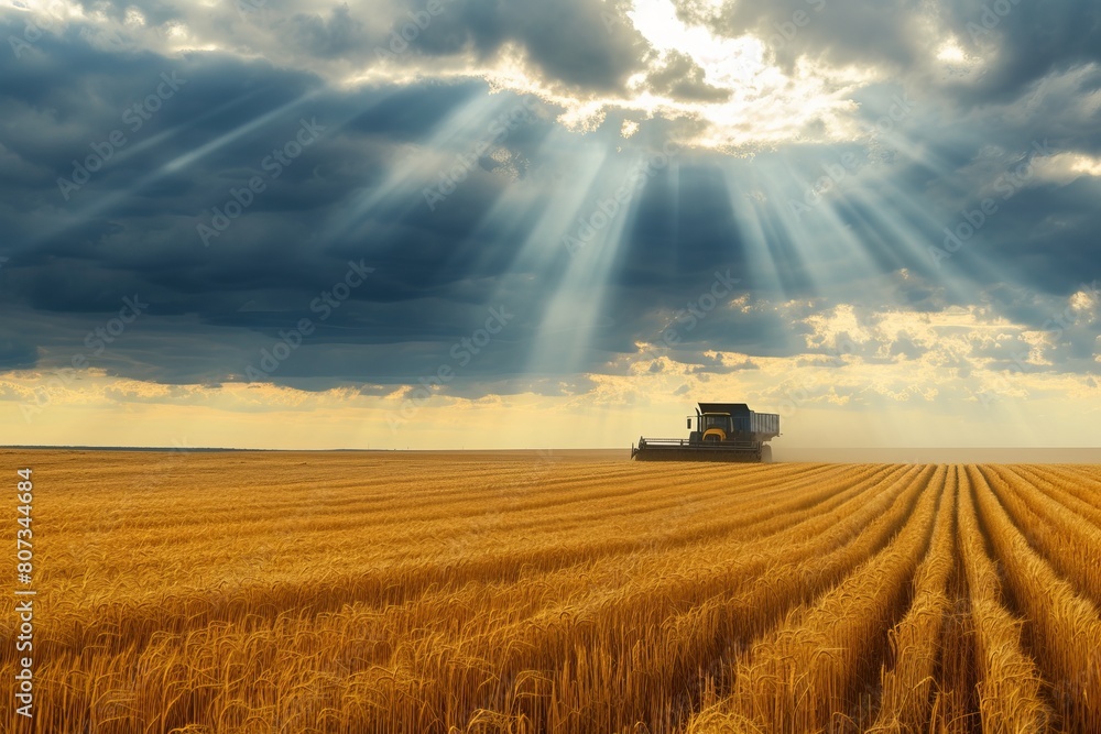 Naklejka premium Large Truck Driving Through Wheat Field Under Cloudy Sky