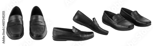 Set men's pair of black moccasins on isolated white background