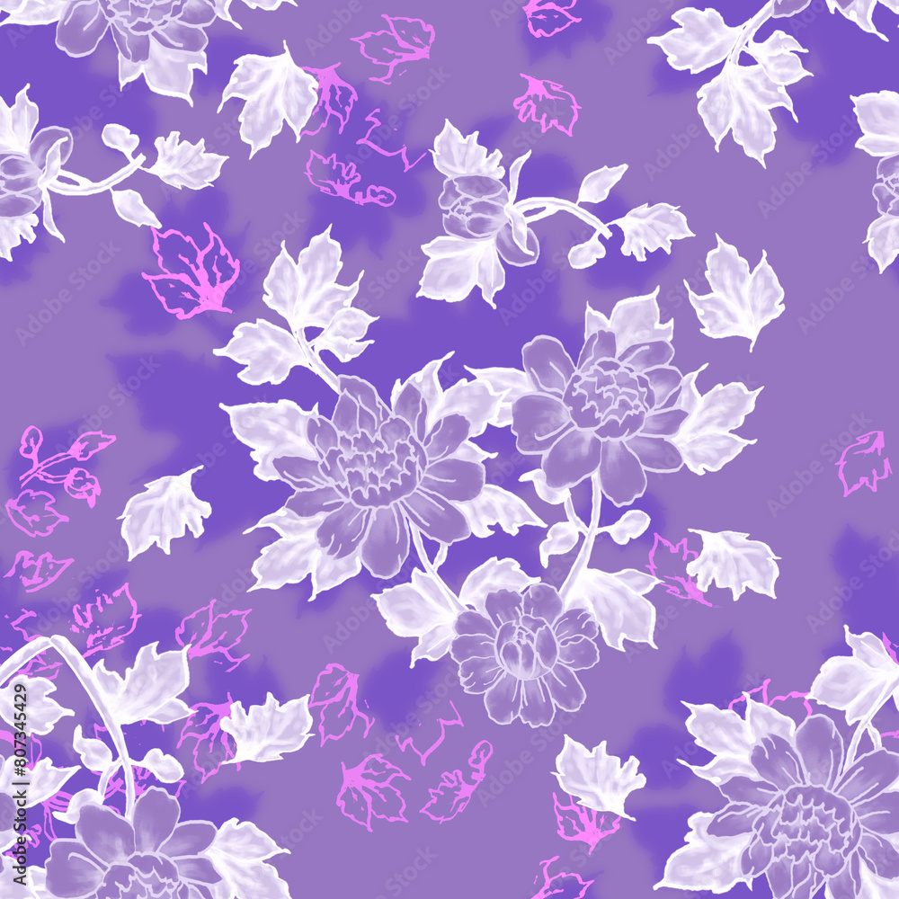 Fototapeta premium Peonies in Purple Floral Seamless Repeat Pattern
