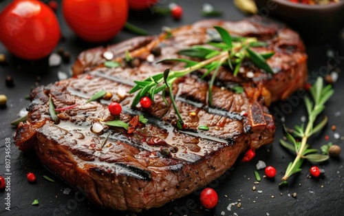 Juicy grilled steak garnished with herbs and spices.