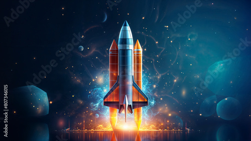 Abstract Rocket Launch. Digital Spaceship Flying Up Into Outer Space. Business Development, Boosting Concept. 