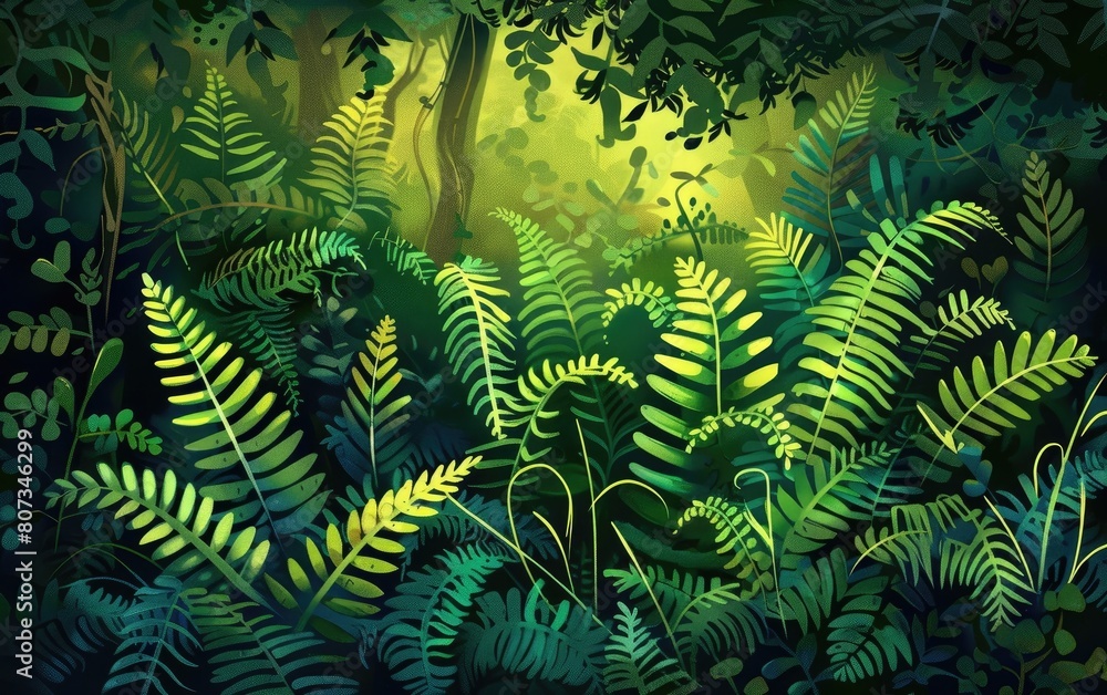 Lush green ferns with intricately detailed fronds in a shadowy underbrush.