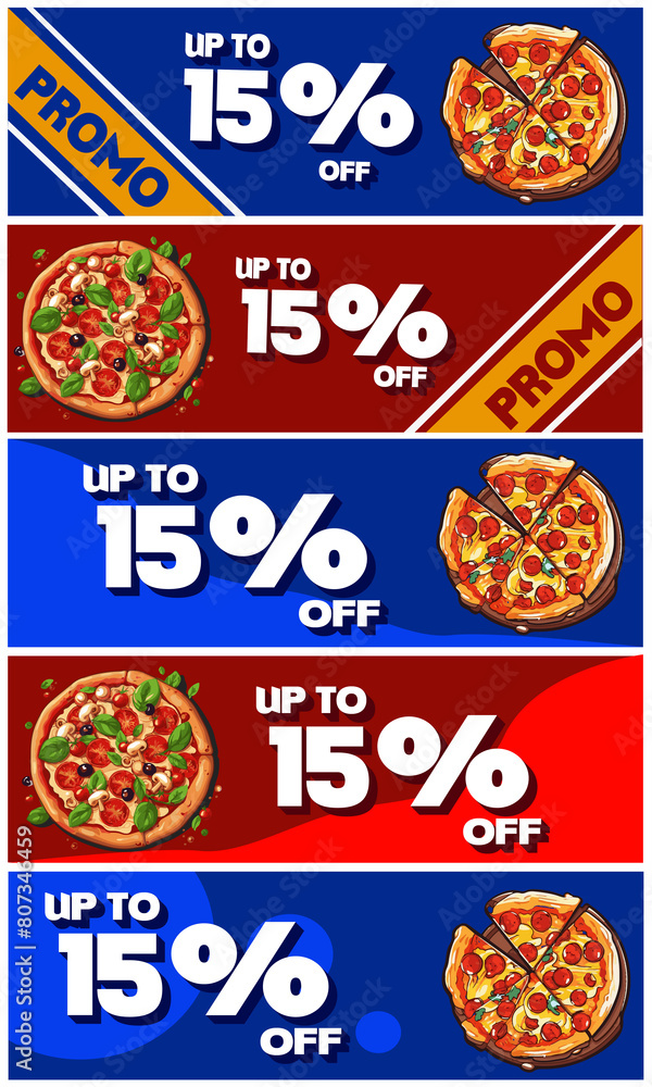 Naklejka premium 15 OFF, 5 discount coupons for purchasing pizzas, blue and red.
