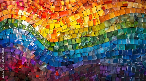 A high-resolution image of an artistic Pride banner featuring a mosaic of photos from past Pride events, waving gently at a lively festival