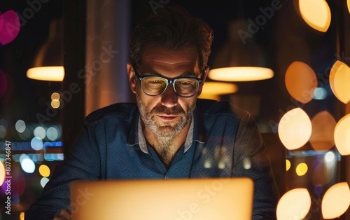 Man in glasses working on laptop in a modern office at dusk.