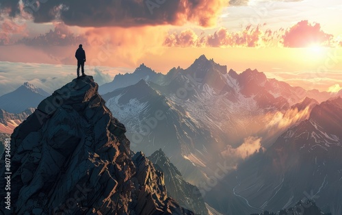 Man stands on rocky peak overlooking sunrise-lit mountains. © OLGA