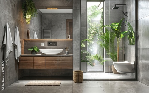 Modern bathroom with gray tiles  wooden vanity  and glass shower enclosure.