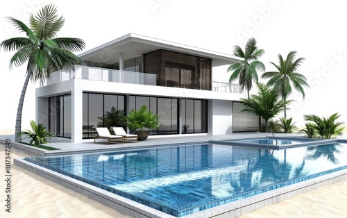 Modern house with swimming pool and palm tree. © OLGA