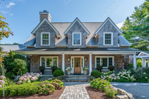 Charming Cape Cod Home Exterior with Classic Shingle Siding and Beautiful Landscaping © Sajida