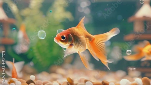 A playful goldfish chasing bubbles in a home aquarium, 4K Hyper-Realistic High-Quality Video photo