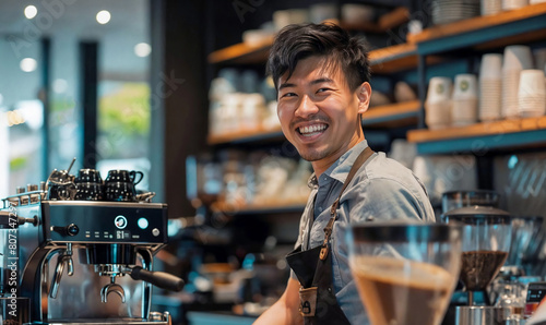 Handsome young Asian barista working in a coffee shop or cafe, making cappuccino, bartender in bar serving happy customers. Service indsutry, tip workers. photo