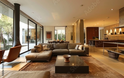 Modern open-plan living room with earthy tones and chic decor.