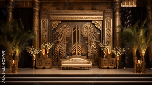 Opulent Art Deco Stage adorned with ornate details and gilded trimmings, creating a stunning backdrop for upscale events.