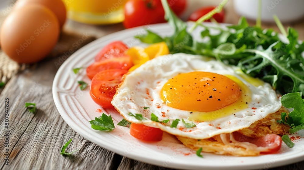 A plate of food with a freshly cooked egg on top, ready to be eaten for a nutritious breakfast A plate of food with a freshly cooked egg on top, ready to be eaten for a nutritious breakfast
