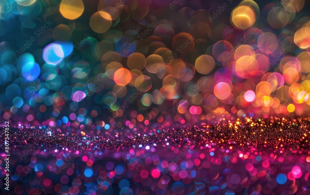 Multicolored bokeh lights on a dark glittery background.