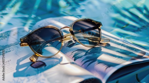 A pair of eyewear rests on top of an open magazine by the azure pool, reflecting the electric blue water. A scene of leisure and relaxation by the fluid aqua AIG50 © Summit Art Creations