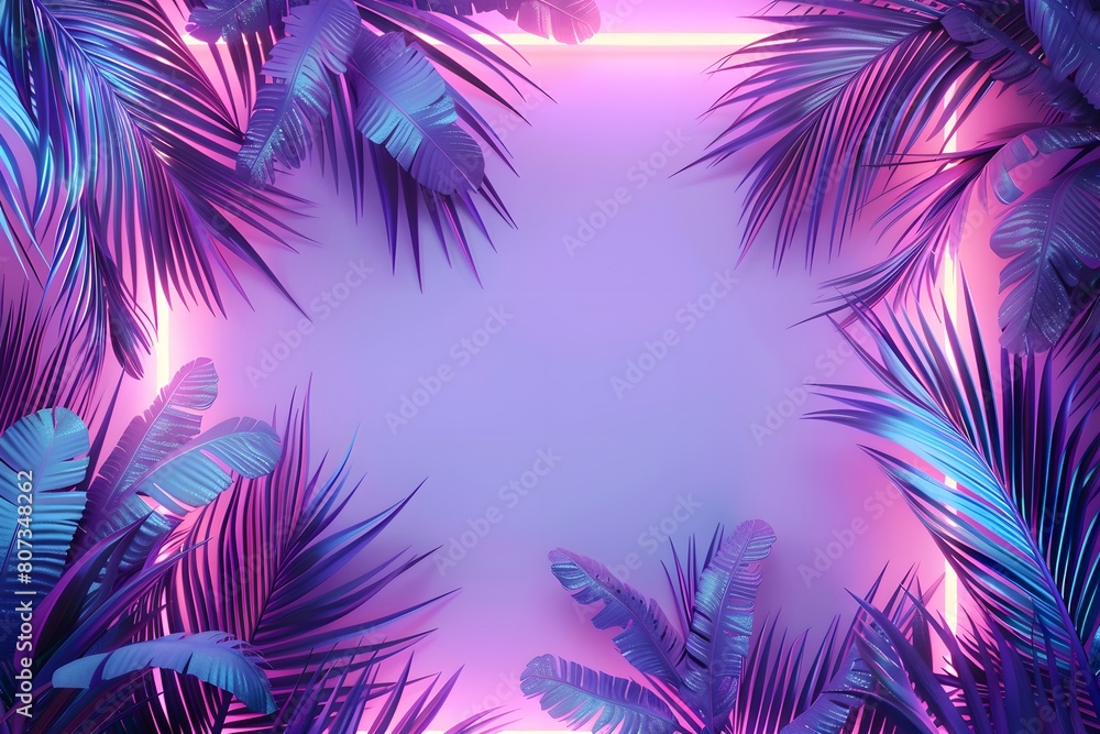 Frame of palm leaves with neon background. Summer vacation concept. Retrowave, synthwave, vaporwave aesthetics. Retro style, webpunk, retrofuturism. Illustration for invitation, border, greeting Frame of palm leaves with neon background. Summer vacation concept. Retrowave, synthwave, vaporwave aesthetics. Retro style, webpunk, retrofuturism. Illustration for invitation, border, greeting
